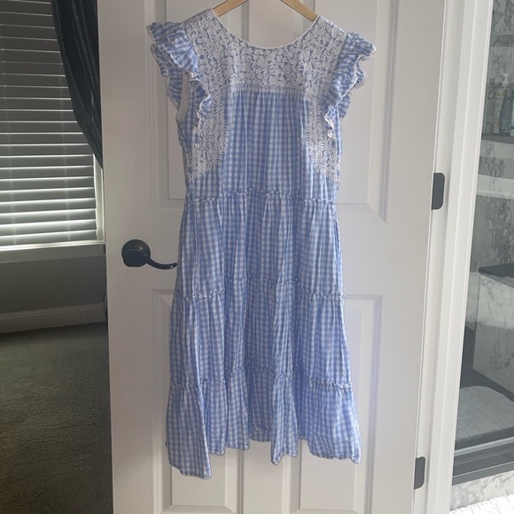 J. MARIE Women's Coco Midi Dress Blue White Gingham Lace Accent Prairie Tier XS - Picture 8 of 9